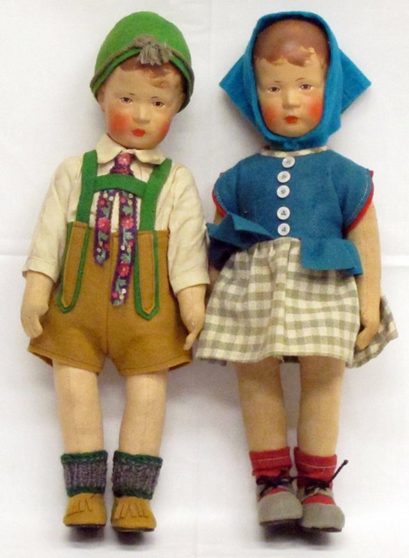 BING ART HANSEL & GRETEL DOLLS: Cloth with painted faces; jointed shoulders and hips; original clothing; H-12", VG-EX