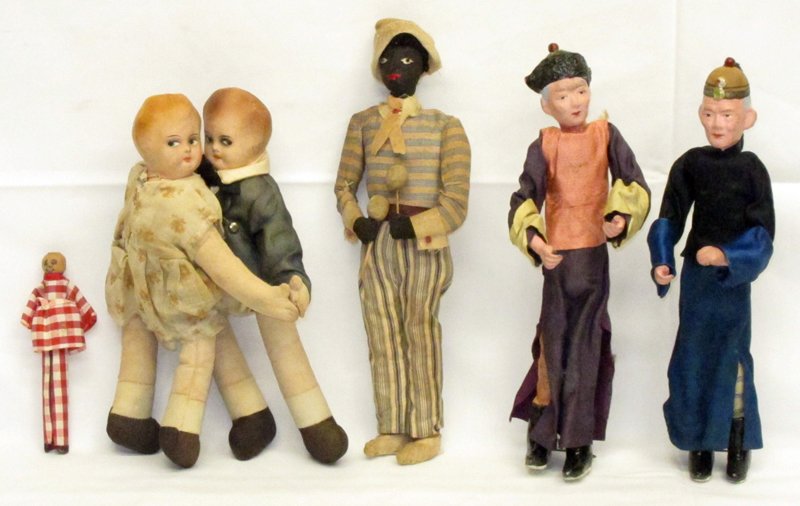 (6) CLOTH & COMPOSITION DOLLS: (2) "The Jolly Dancers": cloth with painted composition heads; (1) folk cloth Cuban doll; (2) painted composition and cloth oriental dolls; (1) wooden clothes pin doll; overall fabric discoloration, w