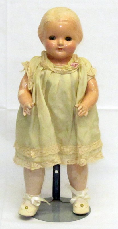 EFFANBEE BABY DAINTY: 1920'S; painted composition; tin litho sleep eyes; composition crazing on head (near seam) and front of right leg; substantial paint loss on legs, mostly; finger damage on left hand; H-14", F.