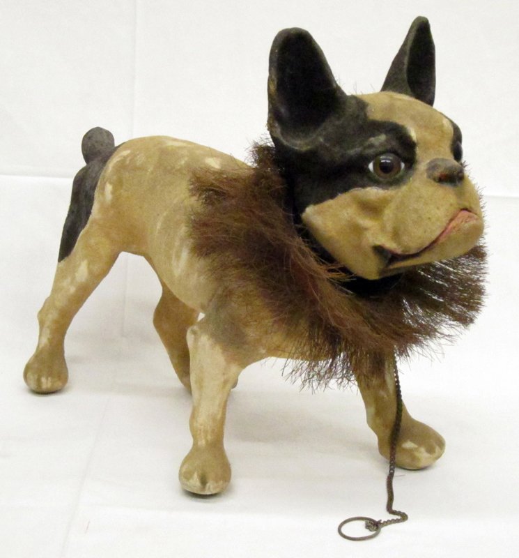 NODDING BULL DOG: Painted flocked composition or papier mache; glass eyes; pull chain mouth opens and growls; losses and rubs; H-15", G
