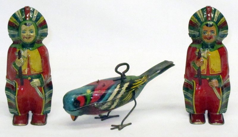 TIN LITHO WIND-UPS (3): All working; (1) pecking bird: patented Dec. 27, 1927; (2) Indians: spin in circles when wound; scuffs, scratches and scrapes overall; bird tail has some bends; tallest H-5 1/8", G-VG