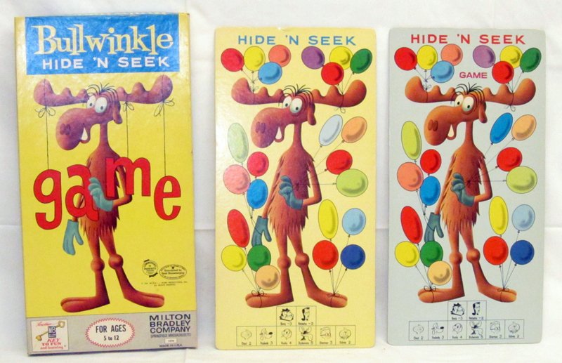 BULLWINKLE HIDE & SEEK GAME: Litho cardboard; Milton Bradley; complete with game pieces; (2) boards and instructions; 17" x 8 1/2", NM-M