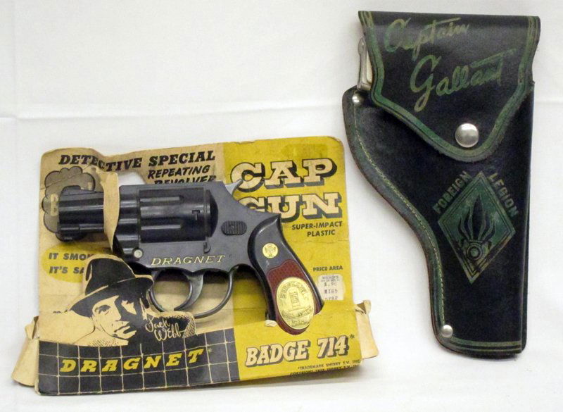 (2) CAP GUNS: (1) Dragnet Detective Special 1956: plastic, original package torn; (1) Captain Gallant holster with Army 45 Automatic: metal with plastic grips; L-8", G-VG