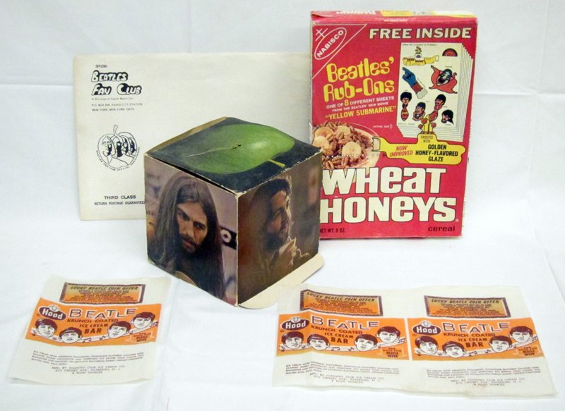 BEATLES PAPER ITEMS (4): (3) Hood's Ice Cream wrappers; (1) reproduction cereal box; (1) fan club picture cube in envelope, some creases; H-9 1/2", G