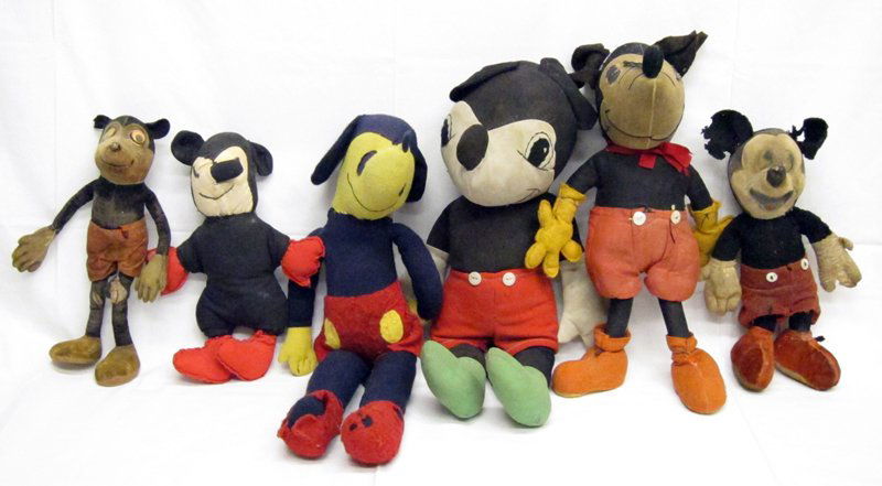 CLOTH MICKEY MOUSE DOLLS (6): (6) various sized cloth Mickey Mouse dolls; 1930's and 1940's; production and folk; tears, wear and soiling; H-11"-20", F-G