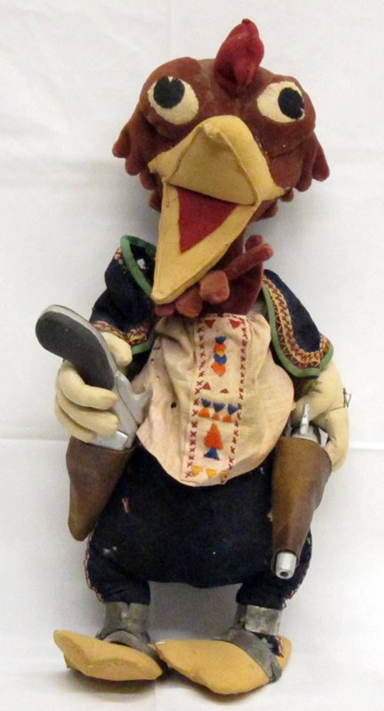 RARE DISNEY PANCHITO DOLL: Cloth doll of Disney character Panchito from Three Caballeros (1947); made in Italy; retains guns; some soiling and wear; missing hat; H-19", G-VG