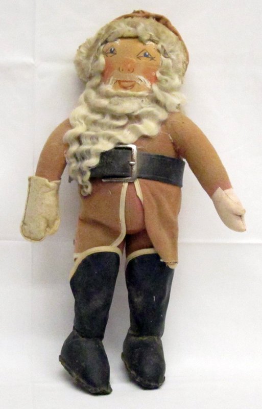 SANTA CLAUS DOLL: Painted cloth face; felt dressed with oil cloth boots; faded; face has wear; H-18", F-G