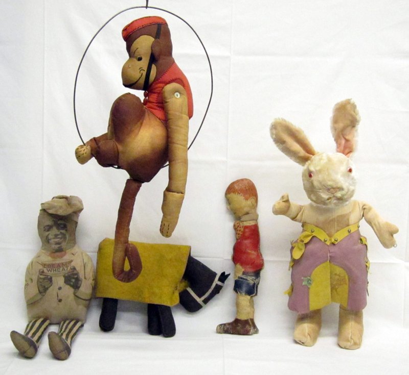 (5) CHARACTER DOLLS: (1) Cream of White chef: cloth, wear; (1) Monkey: dyed cloth, in ring; (1) rabbit cowboy: missing pieces; (1) Chester Gump: oil cloth; (1) Spark Plug: cloth and felt; H-8"-19", F-VG