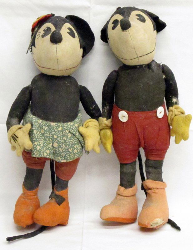 MICKEY & MINNIE MOUSE DOLLS: Cloth, 1930's Borgfeldt; Mickey has 5-6 separation tears and repairs; Minnie has several small repairs; missing shoelace; both are soiled; H-15", F