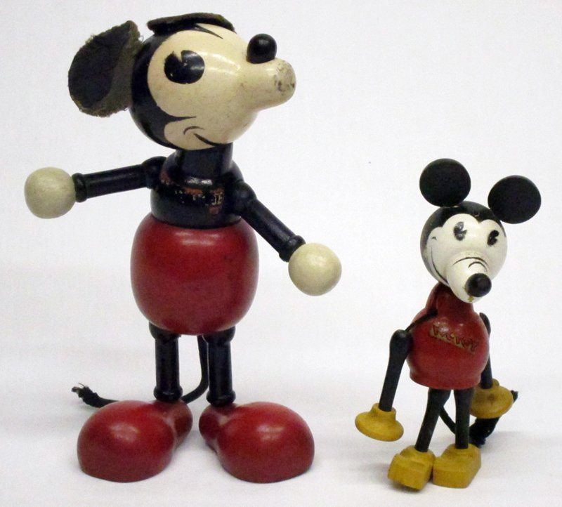 FUN-E-FLEX MICKEY MOUSE (2): Painted jointed wood; (1) wood balancing Mickey; (1) 7" all-wood Mickey; normal wear; some paint loss and decal loss; H-5"-7 1/2", G-VG