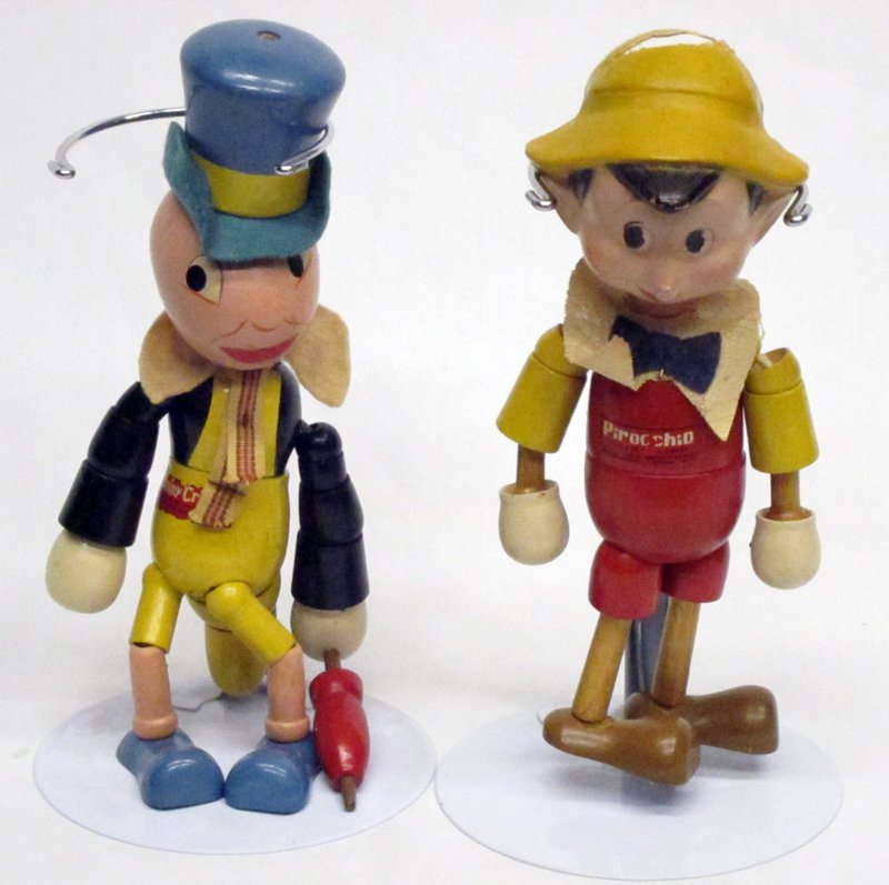 IDEAL JIMINY CRICKET & PINOCCHIO FIGURES: (1) Pinocchio: wood jointed with composition head; head crazed; (1)Jimney Cricket: wood jointed; H-8", G-VG