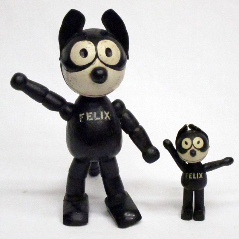 SCHOENHUT FELIX THE CAT FIGURES (2): Wood jointed; paper faces; paper labels on feet; some restringing; possible ear replacements; H-4"-8", G-VG