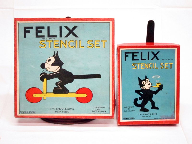 FELIX THE CAT STENCIL SETS (2): Spear England, circa 1920's; both boxed; nice graphics; retains many stencils but missing some paint supplies; etc.; H-8 1/2"-6 3/4", G-VG