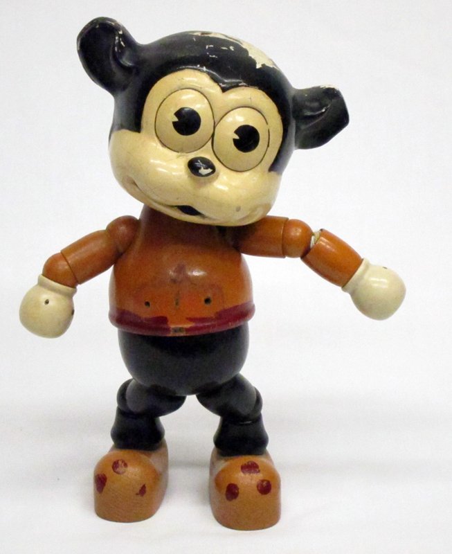 COMIC BIMBO DOG FIGURE: Betty Boop's dog; wood jointed and composition head; head crazed; missing item or decal from shirt; H-10", F-G