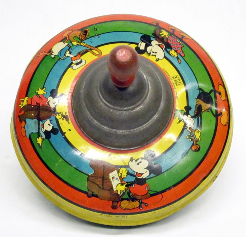 MICKEY MOUSE SPINNING TOP: Litho tin; 1930's; spins and hums; several dents; minor scratches; H-11", G-VG