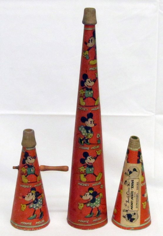 MICKEY MOUSE NOISEMAKERS (3): Marks Bros. NY; paper litho on cardboard; (2) horns, (1) tall horn with wooden mouthpiece; (1) short horn advertising Brown Thompson Shopping Center and Santa Claus, missing wood mouthpiece; (1) horn 