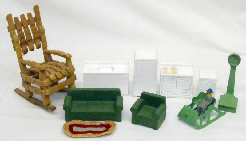 DOLL HOUSE FURNITURE (10) PCS.: Mostly painted wood; includes pot metal man in sleigh and clothes pin rocker; rocker H-7", G-VG