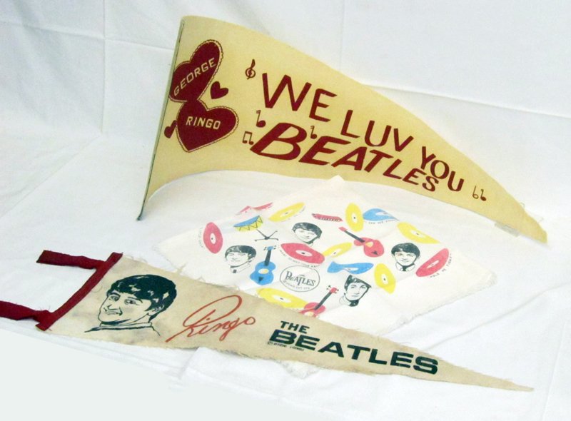 BEATLES PENNANTS & SCARF: (1) "Ringo", soiled; (1) "We Luv You Beatles"; (1) printed scarf; longest L-28", VG-EX