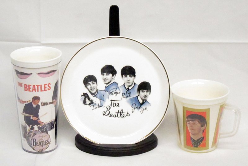 BEATLES COLLECTIBLES (3): (1) China plate, repaired; (1) plastic drinking glass; (1) plastic mug; Tallest H-6 1/2", G-VG