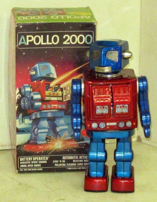 APOLLO 2000 BATTERY OP ROBOT: Japan; Tarheel industries; tin; runs but guns do not light; original box is VG-EX; some rubs and wear; H-12", EX