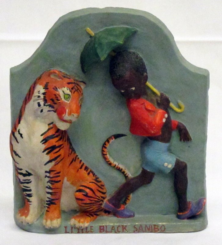 LITTLE BLACK SAMBO PLAQUE: Painted relief plaster plaque, "original by Martha D. Thompson"; repaired and some inpaint; H-8 1/2", F-G