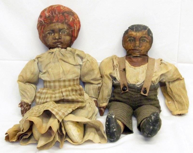 BLACK AMERICANA FOLK ART DOLLS (2): Pair, painted faces, hands and feet; crazing and soiling; H-16"-18", F-G