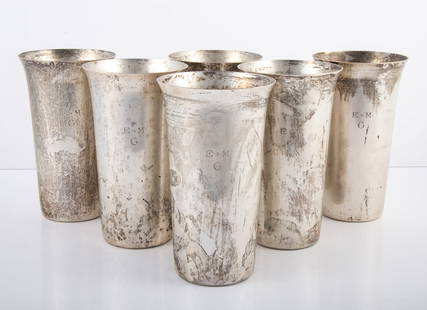 MANCHESTER STERLING CUPS (6): Monogrammed "EMG", 5.41 TO each; [32.3 TO for all]; normal wear; H-5 1/4", VG-EX