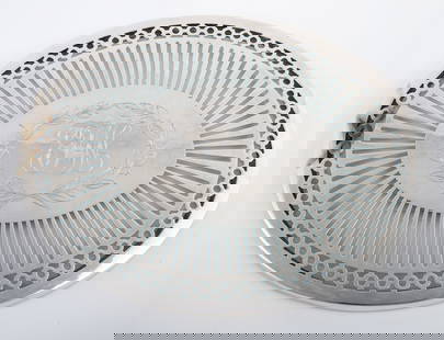 STERLING COVERED TRIVET: Dominick & Haff, #24; reticulated sterling over glass; monogrammed "FW", light scratches, Dia.-8", G-VG