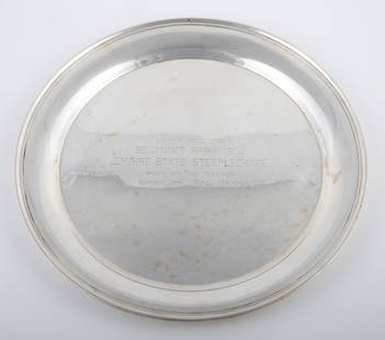 STERLING TROPHY TRAY: #1298, engraved "Belmont Park 1913 Empire State Steeplechase", [21.31 TO]; some polish wear; Dia.-12 1/2", G-VG