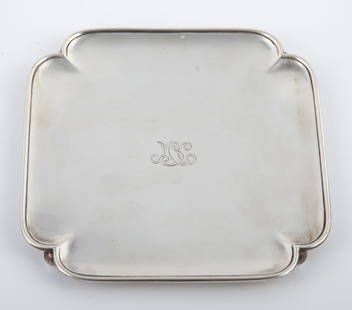 SMALL TIFFANY STERLING TRAY: stamped #11903A, ball feet; monogrammed "MSC", [6.67 TO], normal wear; 6" x 6", G-VG