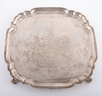 ENGLISH STERLING TRAY: Footed with engraved coat of arms; [30.86 TO], average wear; some polish wear; 12" x 12", G-VG