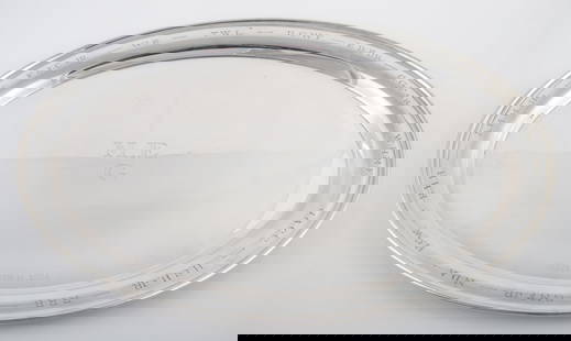 STERLING OVAL TRAY: Manchester #73; center monogrammed "MEG" with engraved initials around border; [39.82 TO], L-18", G-VG