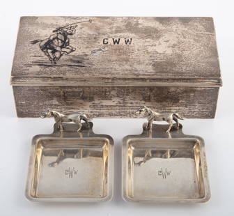 (3) PCS. STERLING CIGARETTE BOX & NUT DISHES: (1) Gorham cigarette box, wood lined; top has engraved horse and polo rider; monogrammed "CWW", 17.83 TO total; 7 1/2" x 3 1/2" x 2 1/4" high; (2) figural horse nut dishes; monogrammed "CWW", L-3
