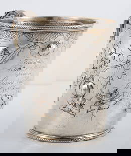 COIN SILVER BABY CUP: Embossed vines; engraved front "Presented to John F. Watson by his grandfather", [3.64 TO], some polish wear; L-4 1/4", G-VG