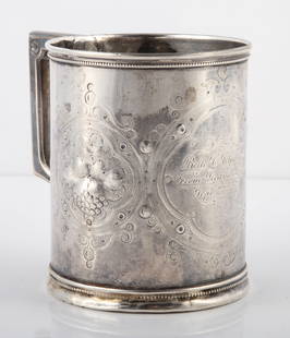 GORHAM STERLING BABY CUP: Stamped #87; embossed grapes, engraved front: "Belle C. Chalfant from Grandmother Sept. 23rd 1870", [4.18 TO], polis wear; L-4 1/4", G-G+