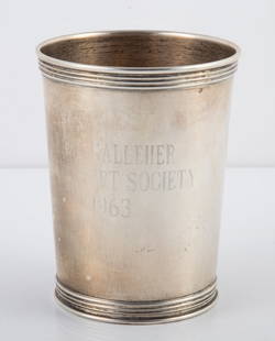 STERLING CUP: Manchester #3759; engraved front: "Earl Galleher Deryl Hart Society 1963", [3.94 TO], normal wear; L-3 3/4", VG-EX