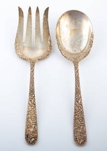 STERLING SALAD SET: Kirk sterling "Repousse" salad fork and spoon; [8.83 TO], L-9 1/2"-10", G-VG