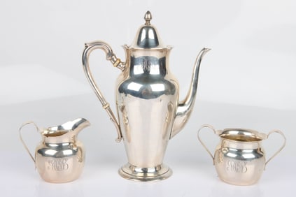 STERLING TEAPOT, SUGAR & CREAMER