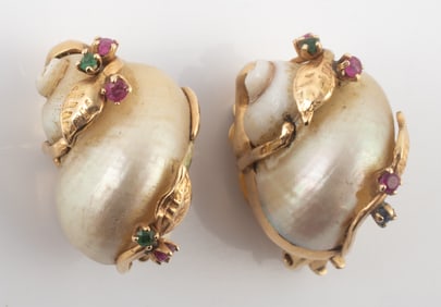 14K GOLD SHELL & GEMSTONE EARRINGS