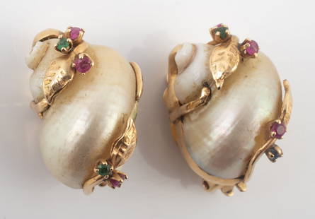 14K GOLD SHELL & GEMSTONE EARRINGS: Yellow gold clip earrings set with opalescent seashell, (3) .03 carat +/-round rubies, (2) .02 carat +/- round emeralds, [10.7 dwt total], L-1", VG-EX