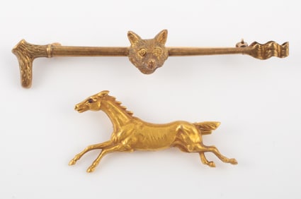 (2) PCS. 14K GOLD HORSE & FOX PINS