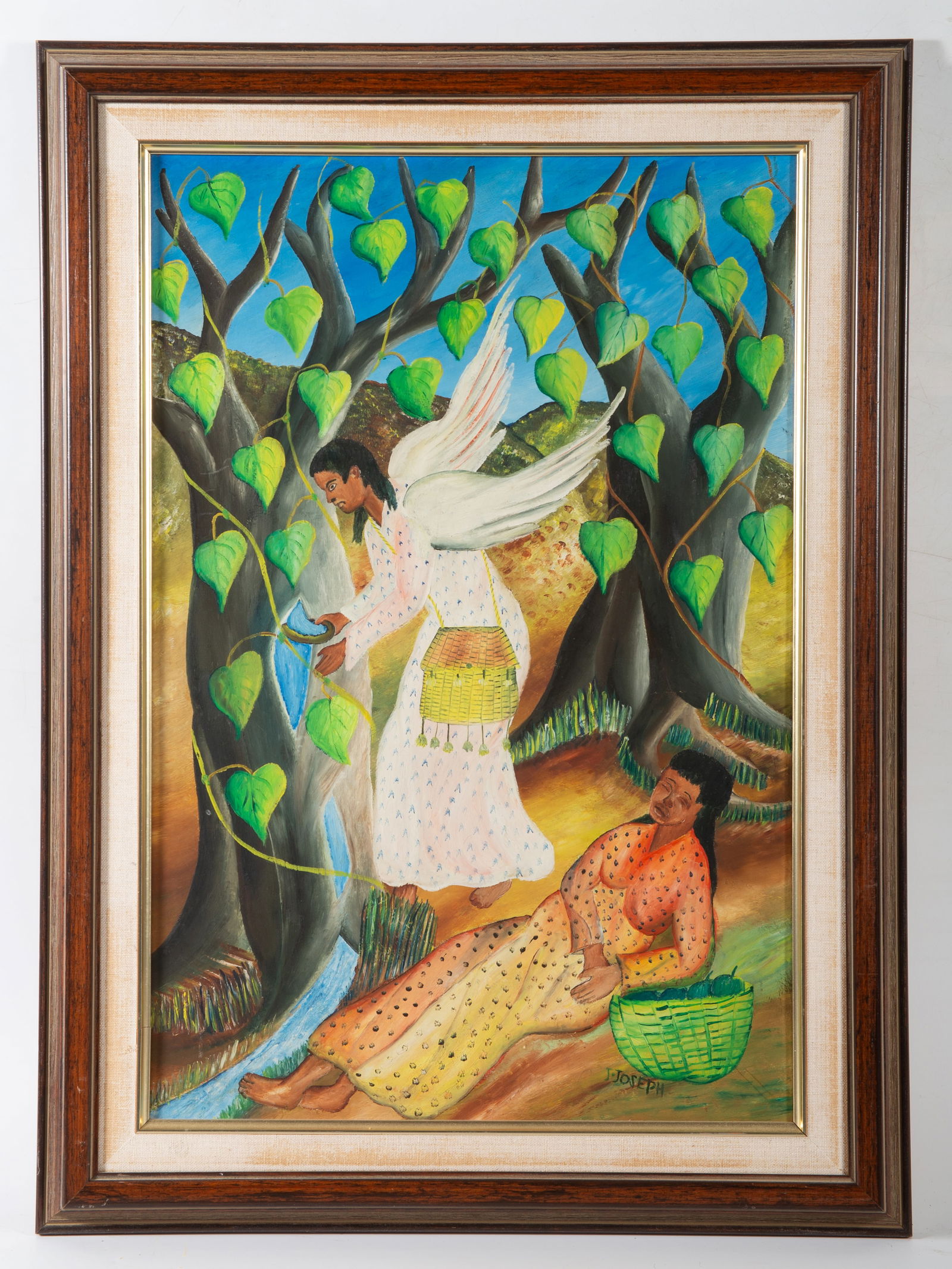 J. JOSEPH HAITIAN PAINTING: Angel retrieving water from tree for worker; oil on masonite (?), signed lower right; normal wear; matted and framed 20" x 14", VG-EX