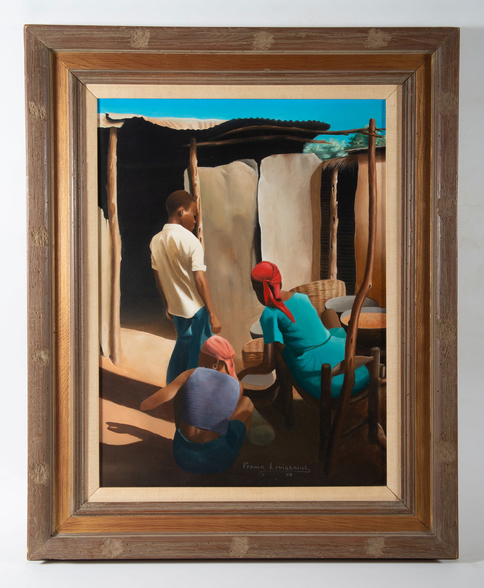 F. LOUISSAINT HAITIAN PAINTING: Woman and young man working with baskets; oil on canvas with masonite backing; signed lower middle; normal wear; matted and framed; 24" x 18", VG-EX