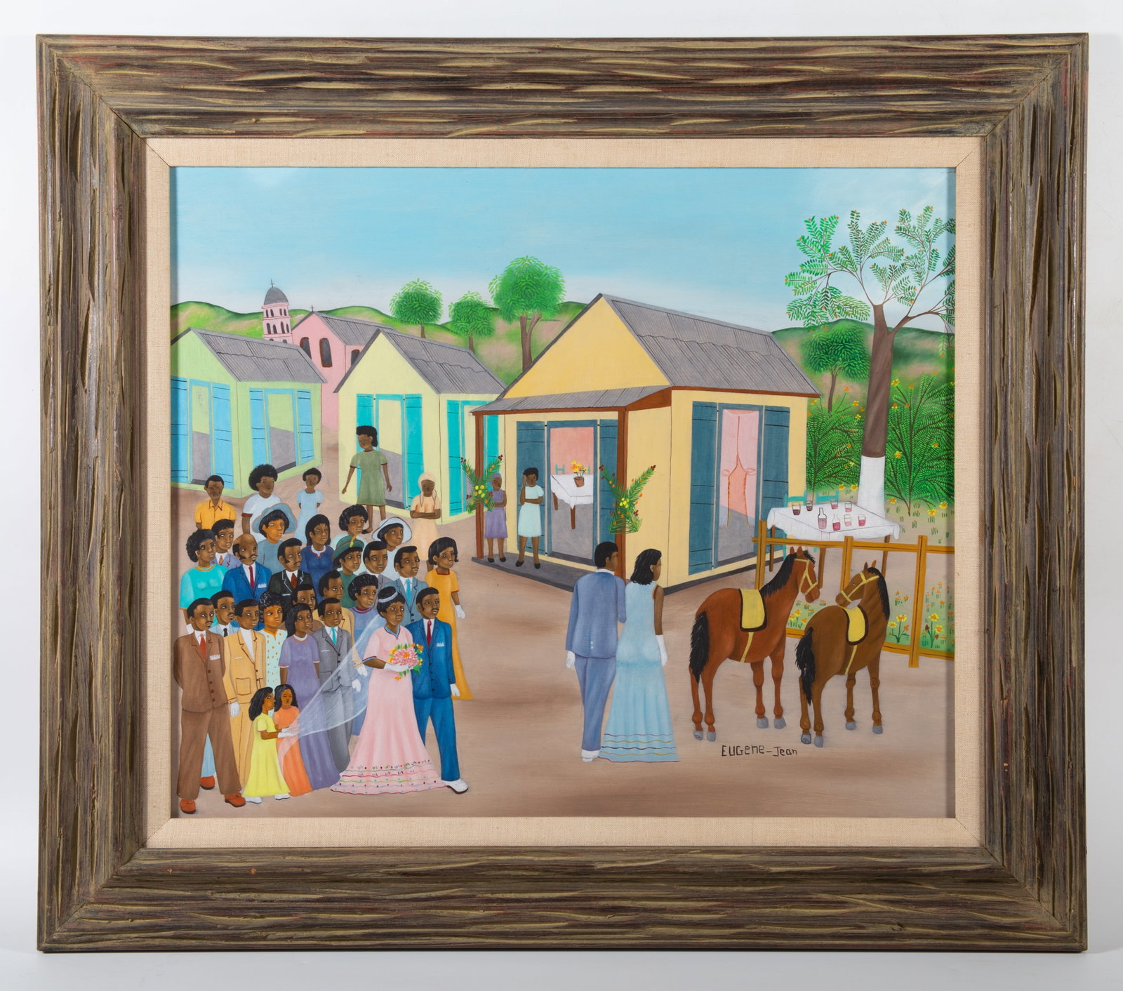EUGENE JEAN HAITIAN PAINTING: Wedding procession; oil on masonite; signed lower right; normal wear; matted and framed; 20" x 24", VG-EX