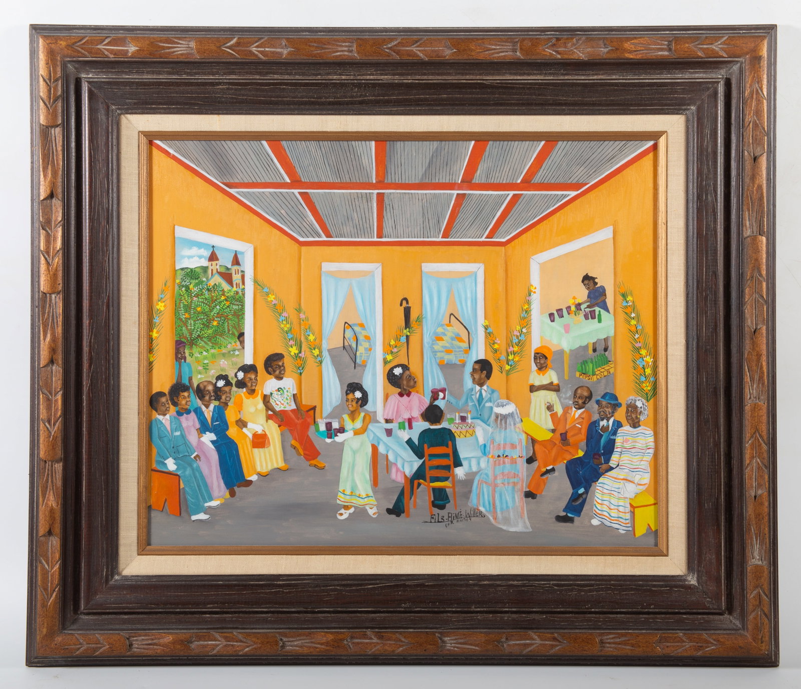 AIME WILLER HAITIAN PAINTING: Wedding party; oil on masonite; signed lower middle; normal wear; matted and framed; 16" x 20", VG-EX