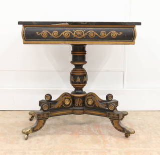 BALTIMORE PAINTED TABLE: Pier/wall style table; faux painted marble wood top; painted black and gilt decoration; turned pedestal; X style feet; brass rosettes and brass capped paw feet; crazing in column; paint loss of top ed