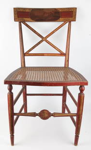 BALTIMORE PAINTED CHAIRS - SET OF (6): Red paint with scenic oval top rails; X cross slats are decorated along with the front rail; cane seats; possibly Finlay; paint dark and worn; wear; H-33 1/2", L-19", F-G