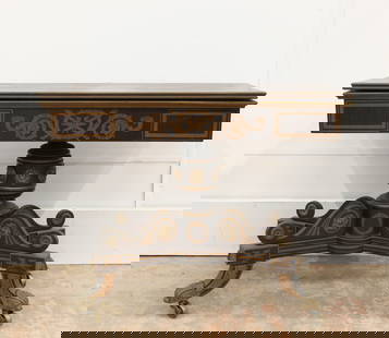 SHERATON PAINTED CARD TABLE: Flip top; faux grain; various gilt painted cornucopias, staffs, arrows, etc; brass circular rosettes; brass foot caps; normal wear; H-29", L-36", depth 18", G-VG