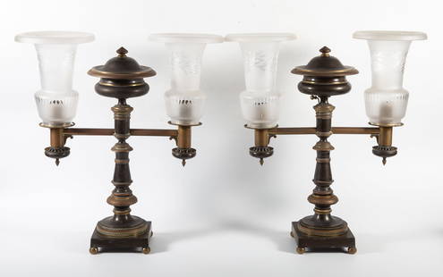 PAIR ARGAND LAMPS: Bronze, double arm; normal wear; H-19", G-VG
