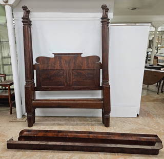 EMPIRE TESTER BED: Mahogany and mahogany veneer; paneled headboard; block and turned posts; some veneer crazing; normal wear; H-88", L-84", Width 60", G